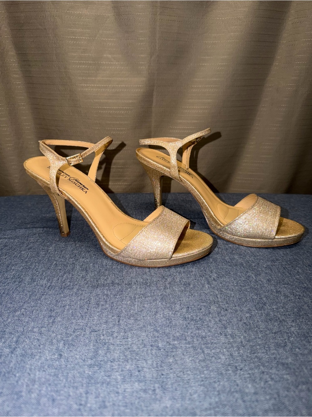 Badgley Mischka American Glamour Gold Glitter High Heel Sandals with Ankle Strap